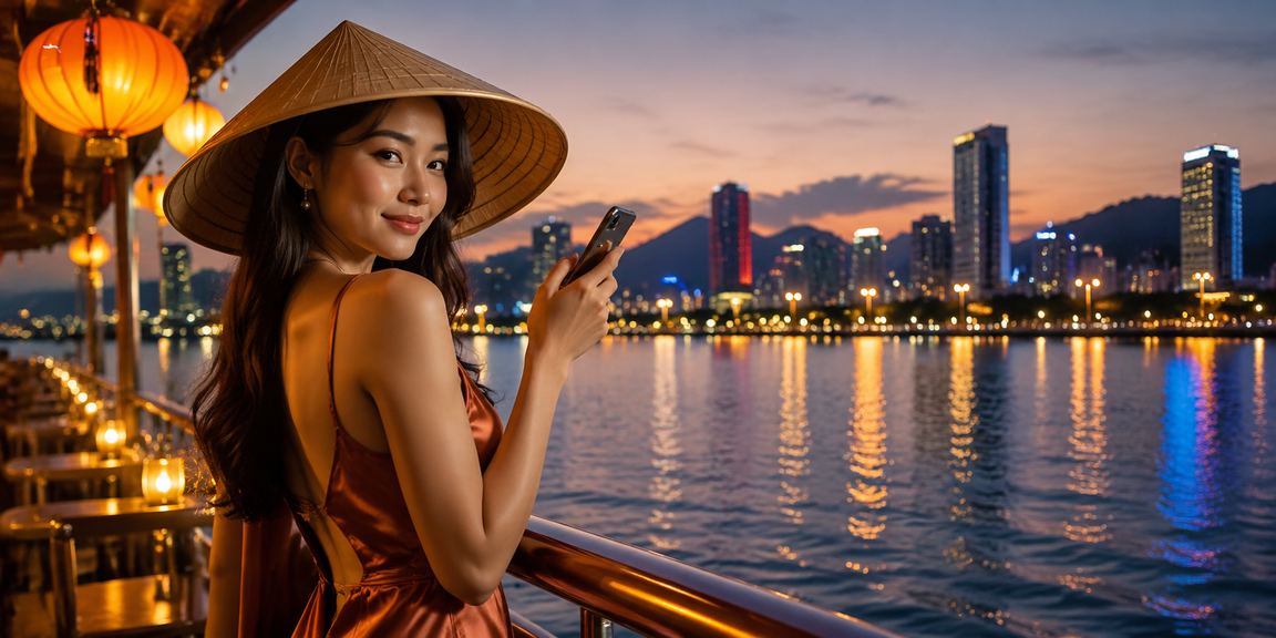 Người dùng Đà Nẵng sử dụng điện thoại di động truy cập casino trực tuyến f88bet bên cạnh nón lá truyền thống
