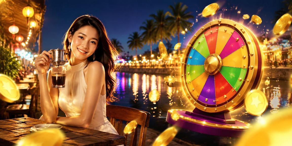 Bàn roulette và ly cà phê mang phong cách nghỉ dưỡng Mũi Né – trải nghiệm casino trực tuyến