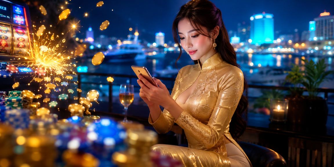 Người dùng trải nghiệm slot game trực tuyến tại Nha Trang với trang phục áo dài truyền thống